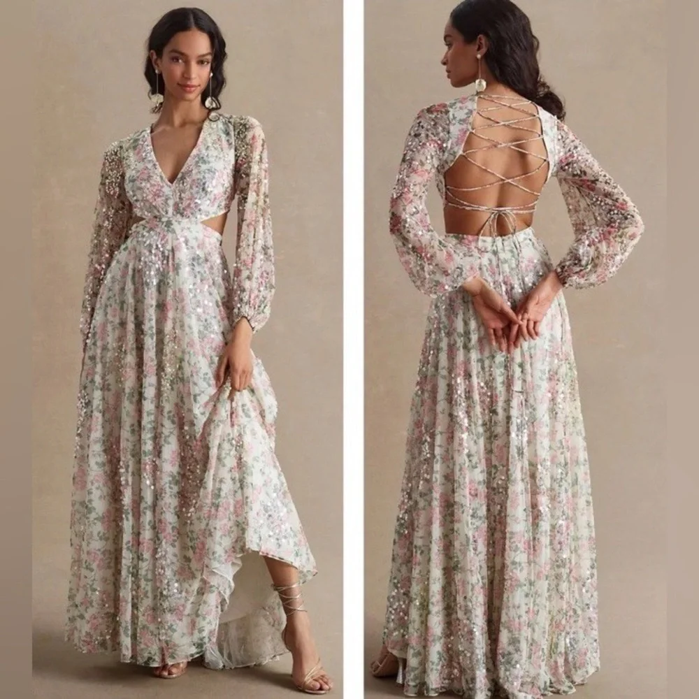 NWT $698 MAC DUGGAL Sequined Floral Print Cut Out Lace Up Gown Dress Maxi 93796